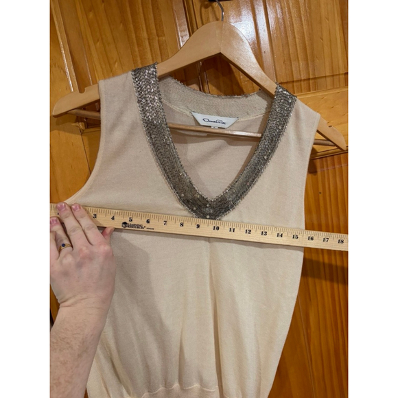 Oscar de la Renta Ivory Sleeveless Knit Top Beaded V-Neck Luxury Designer - Picture 3 of 6